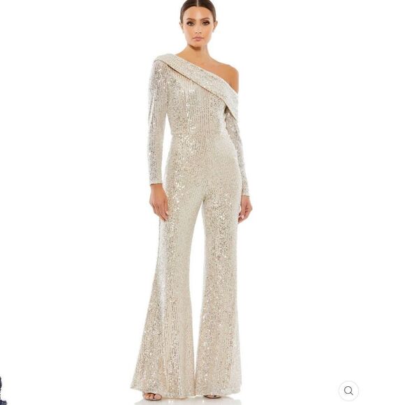 Mac Duggal 26596 SEQUINED DROP SHOULDER LONG SLEEVE JUMPSUIT Nude Gold 10 - Picture 2 of 14